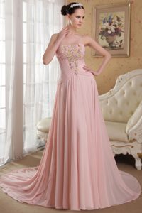 New Baby Pink Strapless Court Train Ruched Chiffon Prom Dress with Appliques