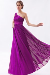 Eggplant Purple One Shoulder Long Ruched Prom Dresses with Beading