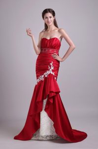 Sweetheart Brush Train Wine Red Mermaid Beaded Prom Dress with Appliques
