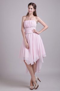 Baby Pink Strapless Asymmetrical Beaded Chiffon Prom Dresses with Ruching
