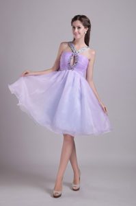 Knee-length Lilac Organza Ruched Beaded Prom Dress for Juniors with Cutouts