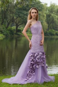 One Shoulder Brush Train Lavender Ruched Prom Pageant Dresses with Flowers