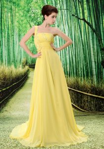 2013 One Shoulder Light Yellow Prom Dress for Women with Appliques