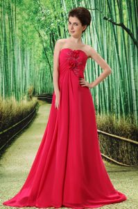 Coral Red Sweetheart Brush Train Prom Dresses for Debutante Ball in Hot Pink