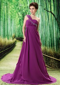 One Shoulder Appliqued and Ruched Prom Dresses for Debutante Ball in Purple