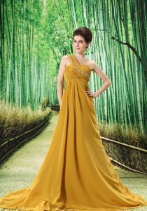 Gold One Shoulder Appliqued and Ruched Prom Dress for Ladies with Sweep Train