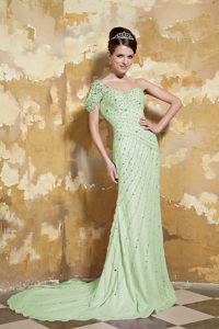 One Shoulder Brush Train End of year Socials Prom Dress in Yellow Green