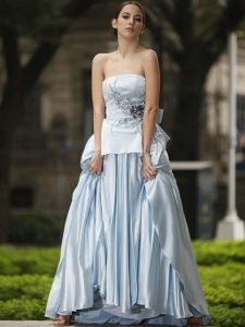 Simple Sleeveless Chiffon Floor Length Side Zipper Pageant Dress Womens in Silver with Appliques and Bowknot