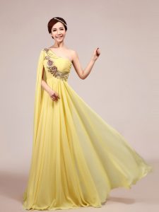Delicate One Shoulder Appliques and Ruching Dress for Prom Light Yellow Zipper Sleeveless With Train Sweep Train
