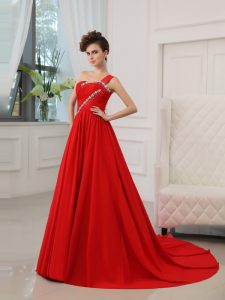 Best Selling Red Silk Like Satin Zipper One Shoulder Sleeveless Prom Gown Court Train Beading and Ruching