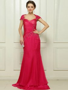 Sexy Hot Pink Mother Of The Bride Dress Prom and Party and For with Beading V-neck Cap Sleeves Sweep Train Backless
