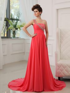 One Shoulder Sleeveless Chiffon With Brush Train Zipper Prom Dress in Watermelon Red with Beading
