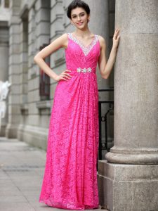 Eye-catching Hot Pink Lace Zipper Going Out Dresses Sleeveless Floor Length Beading and Lace