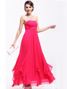 Customized Chiffon Strapless Sleeveless Zipper Beading and Ruching Homecoming Dress in Hot Pink