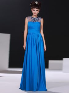 Romantic Blue Junior Homecoming Dress Prom and Party and For with Beading and Ruching Scoop Sleeveless Zipper