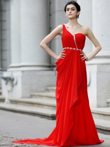 Most Popular One Shoulder Sleeveless Brush Train Zipper Prom Dresses Red Chiffon