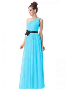 Romantic One Shoulder Beading and Ruching and Belt Dress for Prom Blue Side Zipper Sleeveless Floor Length