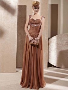 New Arrival Brown Sleeveless Beading Floor Length Prom Party Dress