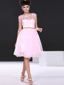 Baby Pink Scoop Zipper Lace Dress for Prom Cap Sleeves