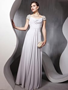 Charming Silver Column/Sheath Square Cap Sleeves Chiffon Floor Length Zipper Beading and Ruching Homecoming Dress
