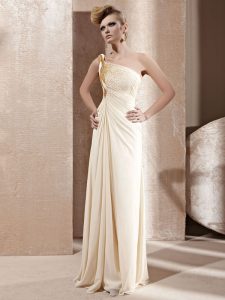 One Shoulder Sleeveless Floor Length Beading Side Zipper Prom Dresses with Champagne