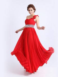 Sophisticated One Shoulder Pleated Floor Length Column/Sheath Sleeveless Red Prom Dresses Zipper