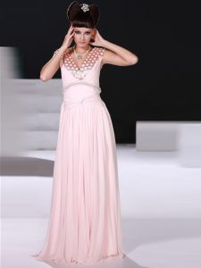 Baby Pink Chiffon Zipper V-neck Sleeveless Floor Length Homecoming Dress Beading