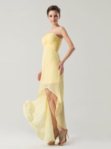 Extravagant Ruching Prom Party Dress Light Yellow Zipper Sleeveless High Low
