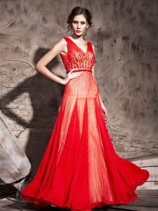Fantastic Column/Sheath Womens Evening Dresses Red Straps Chiffon Sleeveless Floor Length Zipper