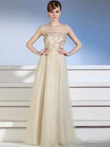 Sophisticated Bateau Sleeveless Prom Dress Floor Length Appliques Champagne Chiffon and Tulle