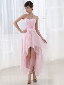 Suitable High Low Baby Pink Evening Gowns Sweetheart Sleeveless Lace Up