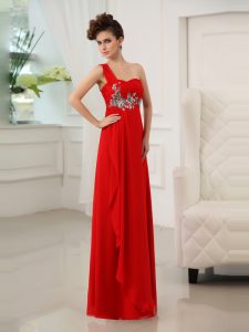 Cheap Red Prom Party Dress Prom and Party and For with Beading and Appliques and Ruching One Shoulder Sleeveless Zipper