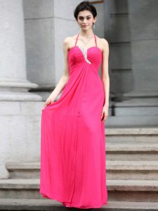 Luxury Hot Pink Column/Sheath Halter Top Sleeveless Chiffon Floor Length Zipper Beading Prom Party Dress