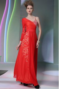 Coral Red Long Sleeves Floor Length Beading and Embroidery Side Zipper Evening Dress