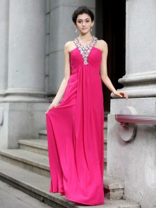 Hot Pink Chiffon Criss Cross Strapless Sleeveless Floor Length Prom Dress Beading and Ruching