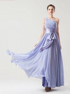 Artistic One Shoulder Floor Length Lavender Celebrity Inspired Dress Chiffon Sleeveless Ruching and Bowknot