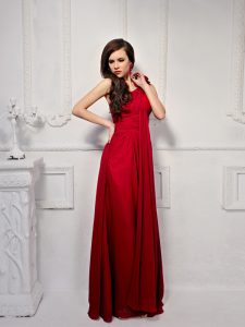 Decent One Shoulder Wine Red Side Zipper Prom Party Dress Ruching and Hand Made Flower Sleeveless Floor Length