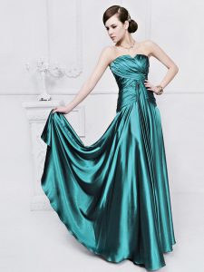 Floor Length Teal Dress for Prom Elastic Woven Satin Sleeveless Ruching
