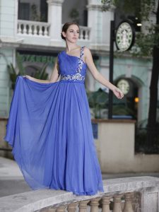 Classical One Shoulder Sleeveless Prom Gown Floor Length Hand Made Flower Blue Chiffon