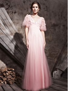 New Arrival Baby Pink Zipper V-neck Lace and Appliques Prom Evening Gown Chiffon Half Sleeves