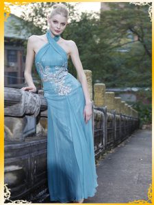 Adorable Halter Top Appliques Prom Evening Gown Light Blue Zipper Sleeveless Floor Length