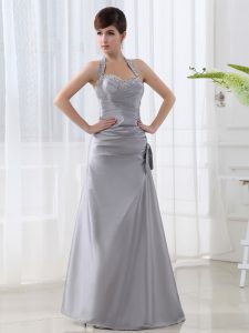 Graceful Halter Top Grey Sleeveless Beading and Ruching Floor Length Mother Of The Bride Dress