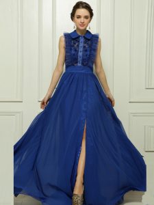 With Train Zipper Mother Of The Bride Dress Blue for Prom and Party with Appliques Brush Train