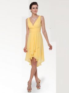 Colorful Yellow V-neck Zipper Ruching Cocktail Dresses Sleeveless