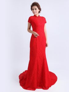 Sophisticated Red Cap Sleeves With Train Lace Backless Prom Evening Gown