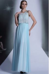 Column/Sheath Prom Dress Light Blue Scoop Chiffon Sleeveless Floor Length Side Zipper