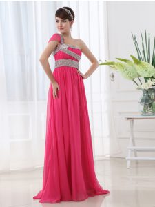 One Shoulder Hot Pink Cap Sleeves With Train Beading and Ruching Side Zipper Homecoming Dress