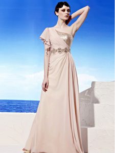 Peach Empire Chiffon One Shoulder Sleeveless Sequins and Ruching Floor Length Side Zipper Dress for Prom