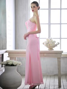 Baby Pink Chiffon Lace Up One Shoulder Sleeveless Ankle Length Prom Dress Ruching and Hand Made Flower
