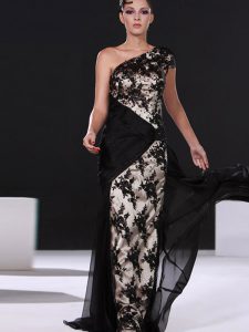 Free and Easy One Shoulder Black Column/Sheath Lace Juniors Evening Dress Side Zipper Chiffon Cap Sleeves With Train